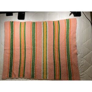VTG Handmade BabyMulti-Colored Green OrangeYellow Striped Crochet Afghan Blanket